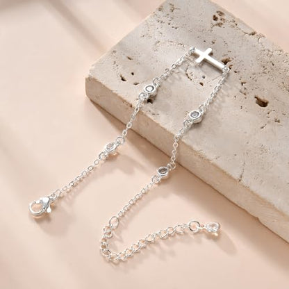 Bracelets for Women, Dainty Gold Silver Ring Bracelet Hand Chain | Cubic Zirconia Pearl Charms, 14K Gold Plated, Adjustable Fit, Trendy Stackable Link Chain, Waterproof Jewelry, Gift for Her - color: Silver-cross cz bracelet