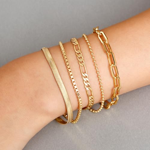 Gold Bracelets Set for Women, Dainty Stackable Layered Bracelet | 14K Gold Plated Adjustable Waterproof Non-Tarnish Paperclip & Curb Link Chain Jewelry Sets Gifts - color: Gold