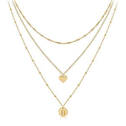 Layered Initial Choker Necklaces Handmade 14K Gold Plated Dainty Heart Personalized Letter Disc Pendant Layering Gold Necklaces for Women Gift Jewelry,Valentines Day Gifts for Mom Wife Girlfriend - style: B
