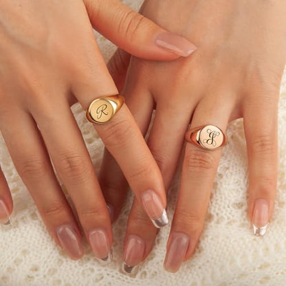 Anavia Personalized Initial Signet Ring, Customized Letter Laser Engraved Stainless Steel Gold Glossy Finish Round Signet Band Ring, Wedding Engagement Promise Ring for Women Men - color: Gold, size: US 11