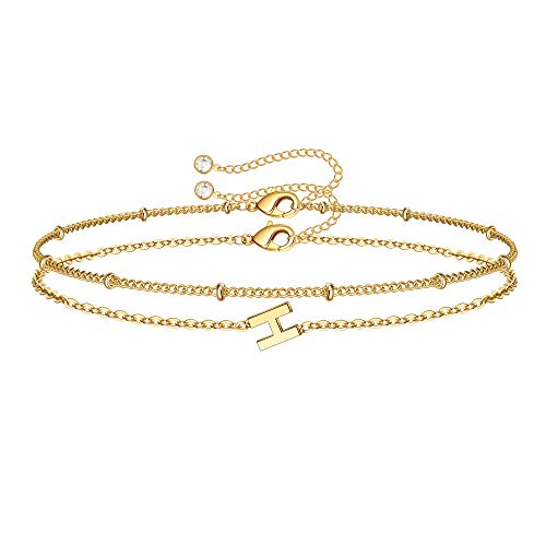 M MOOHAM Valentines Day Gifts for Her Women - Layered Initial Bracelets Gift Letter A-Z Charm, Dainty 14K Gold Plated Initial Bracelets for Women Teen Girls Birthday Jewelry Gifts - color: H
