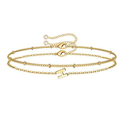 M MOOHAM Valentines Day Gifts for Her Women - Layered Initial Bracelets Gift Letter A-Z Charm, Dainty 14K Gold Plated Initial Bracelets for Women Teen Girls Birthday Jewelry Gifts - color: H