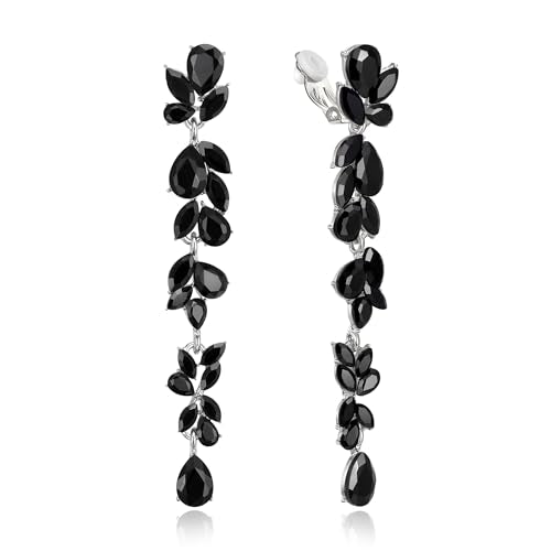 Crysdue Clip On Earrings for Women Rhinestone Crystal Teardrop Cluster Wedding Bridal Non Pierced Long Dangle Earring for Prom Party - color: Black Silver-Tone