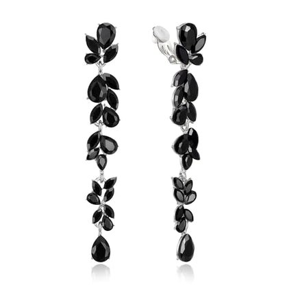 Crysdue Clip On Earrings for Women Rhinestone Crystal Teardrop Cluster Wedding Bridal Non Pierced Long Dangle Earring for Prom Party - color: Black Silver-Tone