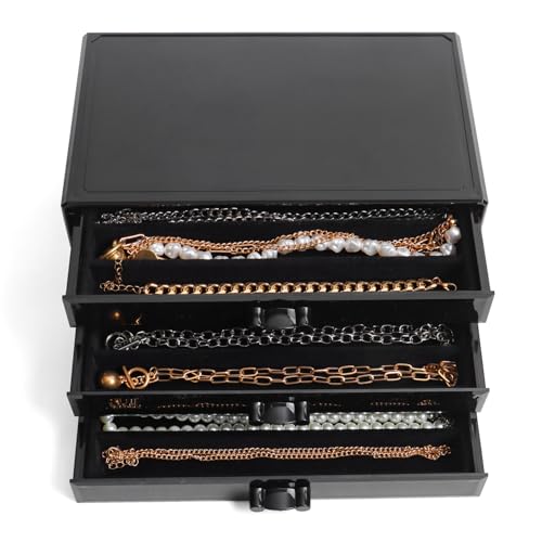 YUFONG Necklace Holder Organizer, Dustproof Necklace Box Velvet Necklace Organizer Box with Lid Clear Acrylic Dustproof Stackable Jewelry Displays for Necklaces Chain Display (Black Black, 3 Drawer) - color: Black Black, size: 3 Drawer