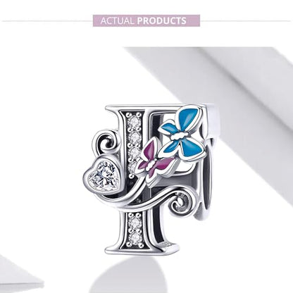 S925 Silver Butterfly Initial Letter Charms Fit for Pandora Charms Bracelets and Necklace Alphabet Bead Charms Jewelry Gifts for Women - color: F