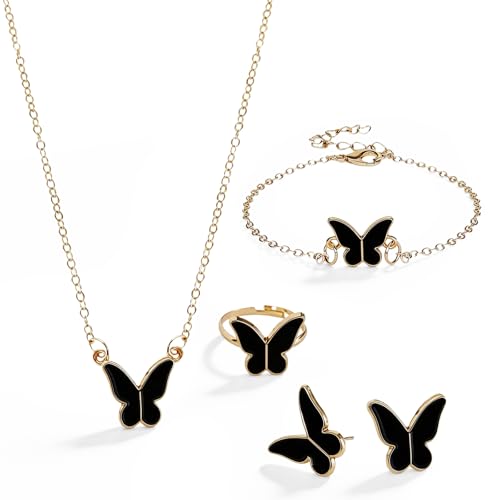 Butterfly Jewelry Set, Including Butterfly Necklace, Bracelet, Stud Earrings, and Adjustable Ring for Women - color: Black