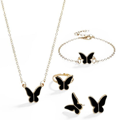 Butterfly Jewelry Set, Including Butterfly Necklace, Bracelet, Stud Earrings, and Adjustable Ring for Women - color: Black