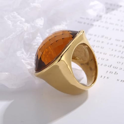Chunky Square Crystal Glass Stainless Steel Statement Ring for Women Men Gold-Tone Plated Exaggerated Large Geometric Green Cubic Zirconia Finger Band Knuckle Rings Cocktail Prom Fashion Jewelry - color: Brown
