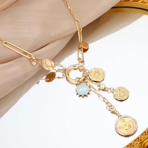 Charm Necklace for Women Gold Evil Eye Sun Moon Flower Coin Pendant Necklace Dainty Paperclip Chain Vintage Luck Amulet Choker Necklaces Celestial Jewelry Gift - style: Detachable- Evil Eye, Cobra