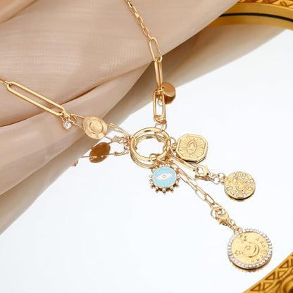 Charm Necklace for Women Gold Evil Eye Sun Moon Flower Coin Pendant Necklace Dainty Paperclip Chain Vintage Luck Amulet Choker Necklaces Celestial Jewelry Gift - style: Detachable- Evil Eye, Cobra
