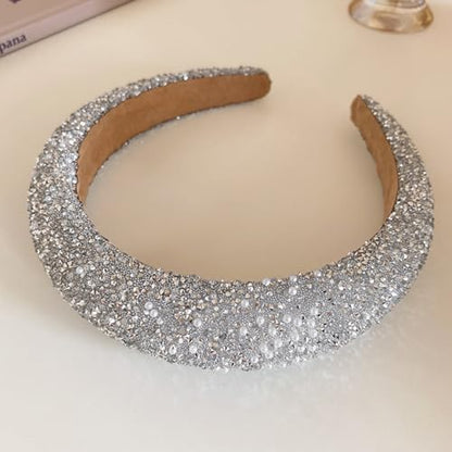 Glitter Crystal Headband for Women - Sparkly Bling Diamond Wide Hairband With Sparkle Beaded Crystals, Thick Padded, Non-Slip Hair Hoop for Party (White, L) - color: White
