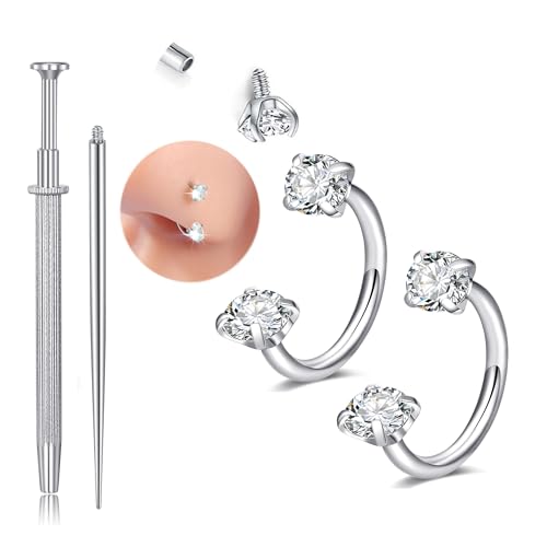 Longita 20g Nose Rings Hoop L Shape Nose Studs Stainless Steel Nose Screw Bone Flat Top Diamond Opal Heart High Nostril Piercing Jewelry Silver Rose Gold Black Pack for Women Men - color: B1- Horseshoe Ring 2pcs 20g - silver