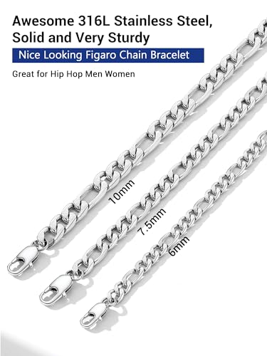 PROSTEEL Bracelets for Men, Figaro/Cuban Mens Bracelet, Silver/Gold/Black | 6/9/13mm Width, 7.5/8.3/9" Length, Stainless Steel Mens Bracelet, Durable & Non Tarnish, Chunky Jewelry with Gift Box - style: D 7.5mm-Figaro-Silver-Textured