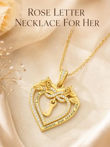 14K Gold Initial Letter Rose Heart Pendant Necklace for Women, Anniversary Birthday Jewelry Gifts for Wife Mom Grandma Sister Daughter, I Love You for Always And Forever - style: 14K Gold-J