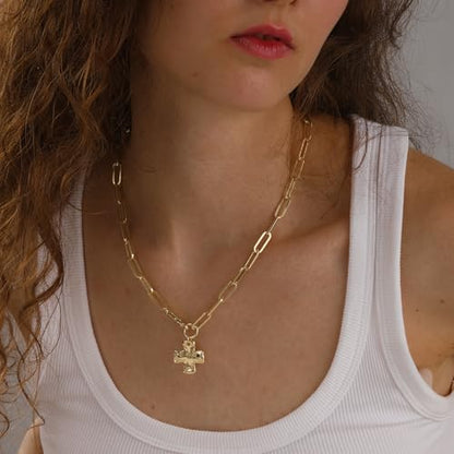 Chunky Cross Necklace for Women Trendy 14K Gold Silver Plated Statement Big Cross Pendant Paperclip Chain Charm Necklaces Religious Faith Easter Basket Stuffers Baptism Costume Jewelry Gift - color: Gold-Lobster Clasp-0.8 inch pendant