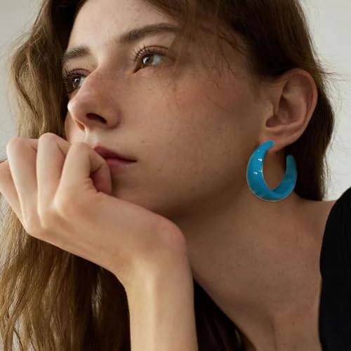 Chunky Acrylic Resin Hoop Earrings 80s 90s Statement Earrings | Thick Lightweight Costume Jewelry for Women Daily, Party, Vacation Wear, Gift for Her - color: Blue