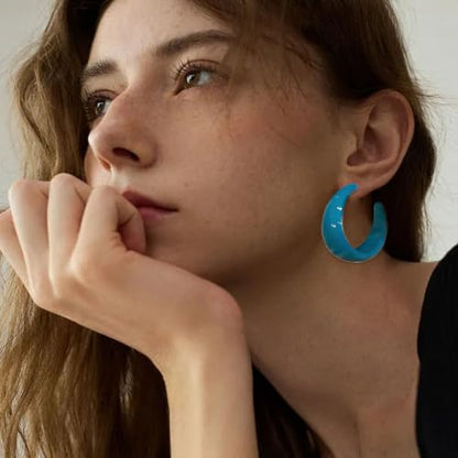 Chunky Acrylic Resin Hoop Earrings 80s 90s Statement Earrings | Thick Lightweight Costume Jewelry for Women Daily, Party, Vacation Wear, Gift for Her - color: Blue