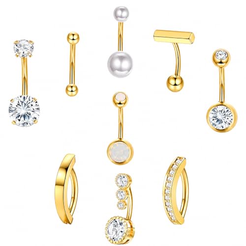 9 Pcs Pearl Belly Button Ring, Gold Belly Rings for Women | CZ Crystal Pearl Opal Belly Piercing Jewelry Surgical Stainless Steel Navel Piercing Rings Curved Barbells for Daily Wear