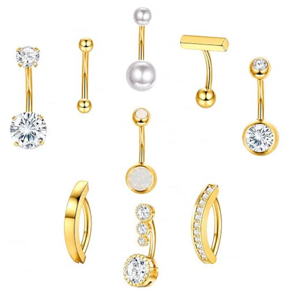 9 Pcs Pearl Belly Button Ring, Gold Belly Rings for Women | CZ Crystal Pearl Opal Belly Piercing Jewelry Surgical Stainless Steel Navel Piercing Rings Curved Barbells for Daily Wear