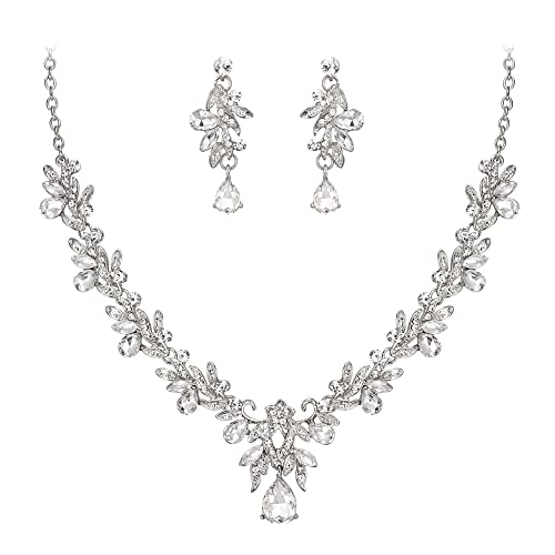 Women's Wedding Jewelry Set Leaf Flower for Bridal Prom Party | Stunning Crystal Teardrop Marquise Cluster Pendant Necklace Dangle Earrings Set for Bride Bridesmaid - color: 04-Clear Silver-Tone