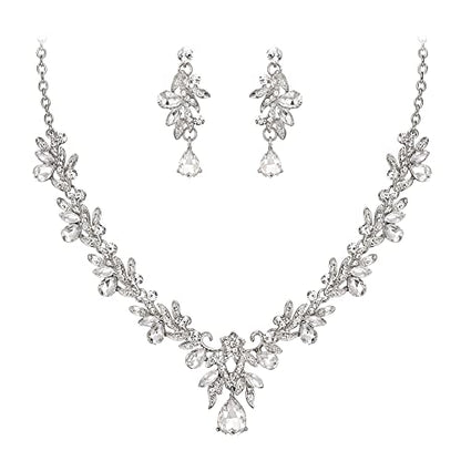 Women's Wedding Jewelry Set Leaf Flower for Bridal Prom Party | Stunning Crystal Teardrop Marquise Cluster Pendant Necklace Dangle Earrings Set for Bride Bridesmaid - color: 04-Clear Silver-Tone