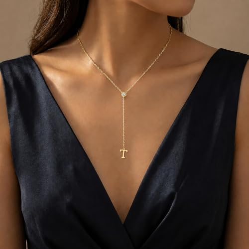 14K Gold Plated Initial Y Necklace for Women,CZ Letter Lariat Necklace | Dainty Long Necklace Y-Shaped Drop Letter Pendant Adjustable 16.5"+2" Long Chain Shiny CZ Trendy Jewelry Gift For Her - color: T