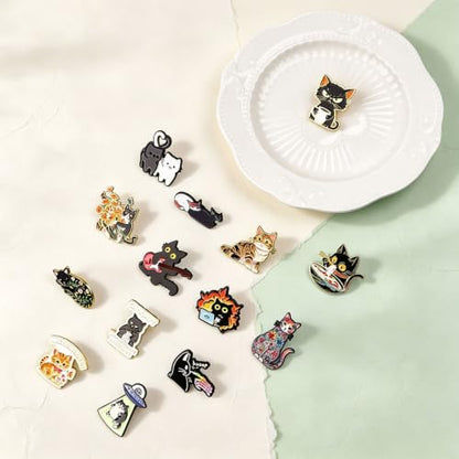 4/6/9/10/12/16/20PCS Cute Enamel Pins Bulk Set, Art Aesthetic Lapel Brooches, Humorous Quote Pins for Backpacks Jackets Hats Bags, Novelty Cool Badges for Women, Men, Teens, Kids - style: 14pcs Cat