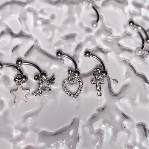 4Pcs 16G Stainless Steel Eyebrow Ring for Women Rhinestone Heart Star Wing Cross Pearl Curved Barbell Tiny Eyebrow Ring Rook Cartilage Piercing Jewelry - style: Heart