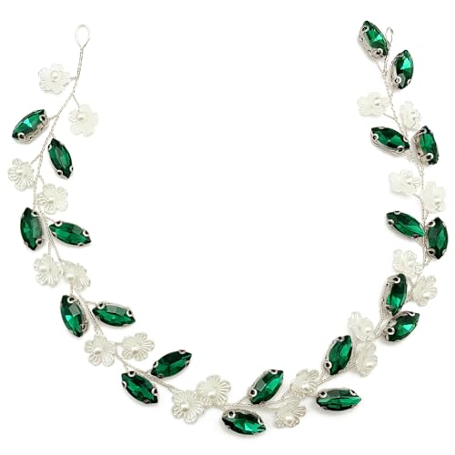 Bridal Crystal Flower Headband Wedding Rhinestone Pearl Floral Hair Vine Headpiece Accessories for Women Girls (Green Crystal Silver Vine) - color: Green Crystal Silver Vine