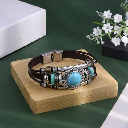 INENIMARTJ Western Turquoise Leather Wrap Bracelets for Men Women Boho Multilayer Turquoise Cuff Wrap Bracelet Western Bracelet Jewelry for Men and Woman - color: brown