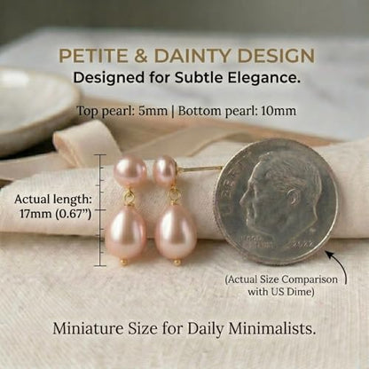 Petite Pearl Drop Earrings for Women - Real Freshwater Cultured Pearls Collection, S925 Sterling Silver Hypoallergenic Posts, 18K Gold Plated Dainty Jewelry - color: Pink