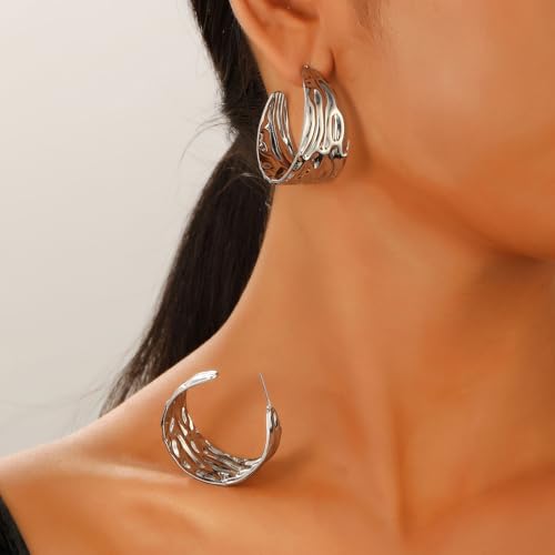 Hoop Earrings for Women Wide Hoop Earrings Large Big Flat Huggie Hoops Earrings Trendy Chunky Hoops Earrings Statement Earrings Jewelry for Women - color: Silver1