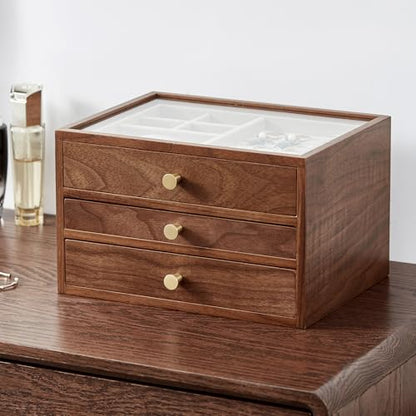 Black Walnut Wooden Jewelry Box Women large 3 Layer Drawer Organizer Box with Glass Lid for Necklaces, Watch, Necklace, Ring, Earring Storage, Ideal Gift - style: 3 Layer
