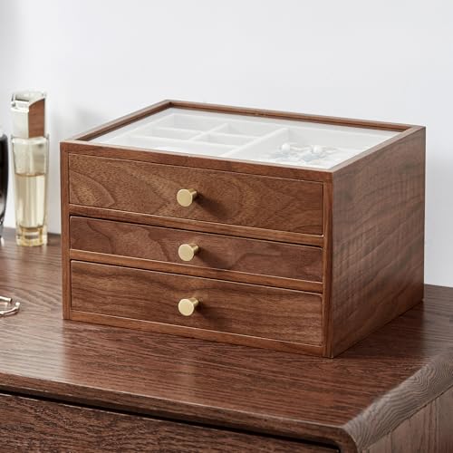 Black Walnut Wooden Jewelry Box Women large 3 Layer Drawer Organizer Box with Glass Lid for Necklaces, Watch, Necklace, Ring, Earring Storage, Ideal Gift - style: 3 Layer