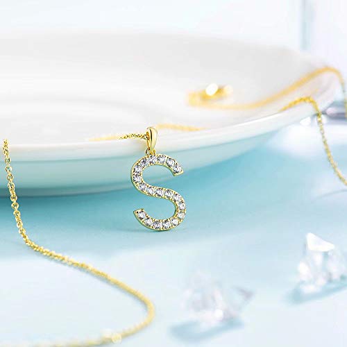 Tarsus Initial Cubic Zirconia Necklace for Women Teens | Jewelry Gifts for Women Adjustable Chain 18" + 2" - style: Gold-S-Diamond style