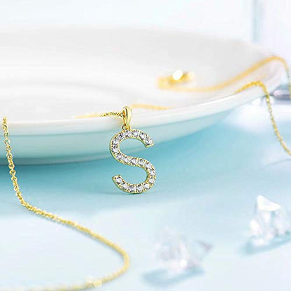 Tarsus Initial Cubic Zirconia Necklace for Women Teens | Jewelry Gifts for Women Adjustable Chain 18" + 2" - style: Gold-S-Diamond style