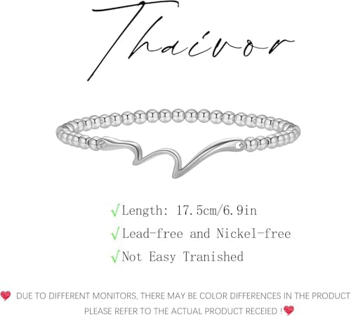 Beaded Bracelets for Women 14K Silver Gold Plated Stretch Handmade Ball Bracelets Cute Charm Bracelet Dainty Stackable Cross Heart Bow Wave CZ Circle Trendy Jewelry Easter Gifts - color: wave-silver