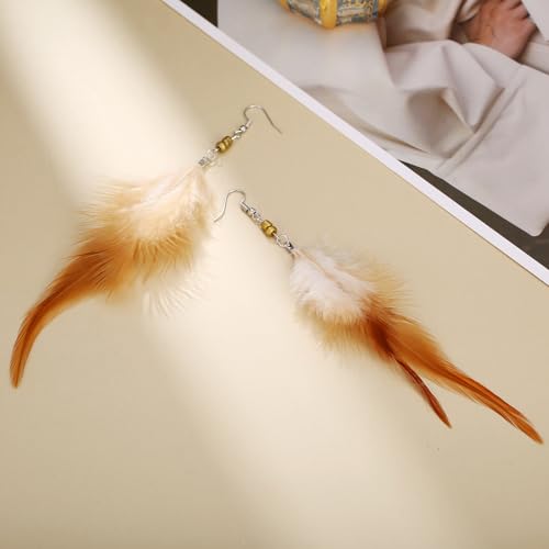 RUOFFETA Long Feather Earrings for Women, Boho Bohemian Earrings Multicolor Tassel Handmade Feather Earrings for Women Dangling - style: M-Brown