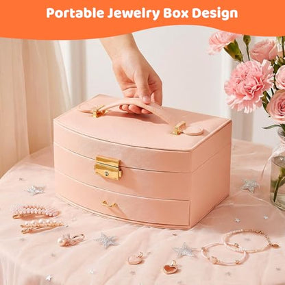 Kids Jewelry Box with Hair Accessories for Girls, Storage Organizer Case with Display Lid & Drawer, Hair Clips Barrettes Bows Hair Ties, Rings & Necklace Set for Girls Age 3-12