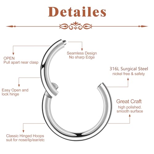 3Pcs Nose Rings Hoops for Women Men, 18G Nose Hoops Gold/Silver | Hinged Clicker Septum Rings Tragus Conch Helix Daith Lip Body Piercing Jewelry 6/8/10mm - color: 3pcs/silver/18g