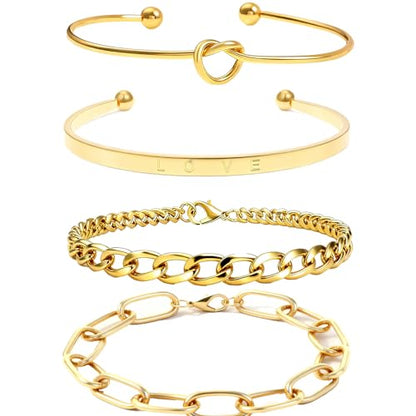 Alegend 14K Gold Plated Stackable Multilayer Bracelets + Titanium Steel(Not Rust, Resist Corruption, Easily Clean) 18K Gold Plated Single Bracelets - color: 14K Gold Plated Four-Layered A