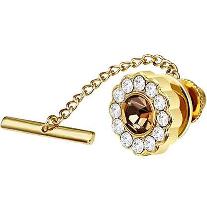 AMITER Crystal/Pearl Tie Tack with Chain, Gold Mens Tie Pin Necktie Pins Lapel Pin for Wedding Birthday Anniversary Party - color: 24k Gold+Smoked Topaz Crystal