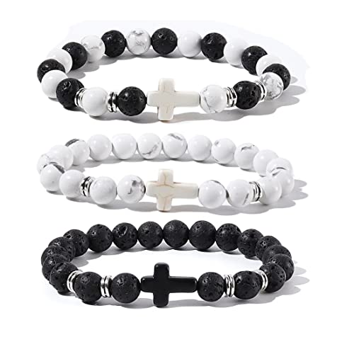 8MM Ornament Lava Volcanic Stone Beads Turquoise Cross Elastic Stretch Bracelet Religion Bangle for Women Men - color: 3pcs B