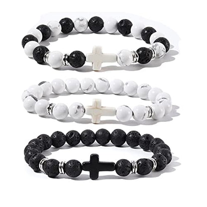 8MM Ornament Lava Volcanic Stone Beads Turquoise Cross Elastic Stretch Bracelet Religion Bangle for Women Men - color: 3pcs B