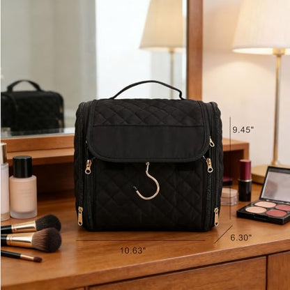 banapoy Hanging Toiletry Bag for Women, Roll up Cosmetics Makeup Bag, Travel Makeup Cosmetic Organizer with Hanging Hook, for Jewelry Toiletries, 10.63x9.45x6.30in (Black) - color: Black