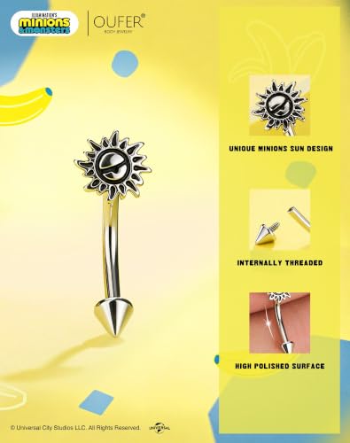 OUFER | Minions 16g Internally Threaded Eyebrow Piercing Jewelry | 316L Surgical Steel Minions Eye Sun Rook Earrings with 8mm Bar, Punk Design Helix Lip Piercing Jewelry for Women Men