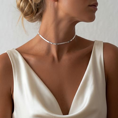 WomenGifts 14K Gold Silver Plated Herringbone Necklace for Women, Dainty Snake Chain Choker, Trendy Simple Long Layered Jewelry Non Tarnish, 3/4/5/8mm,14,16,18,20,22,24,26 Inch Thin & Chunky Options - color: Silver, style: 3mm-12.8inch