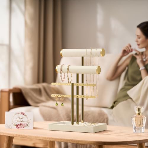 Bracelet Holder Jewelry Organizer Display - 3 Tier T Bar Velvet Stand, Beige Jewelry Storage for Bracelet, Necklaces, Earrings, Rings, Watches - color: Beige