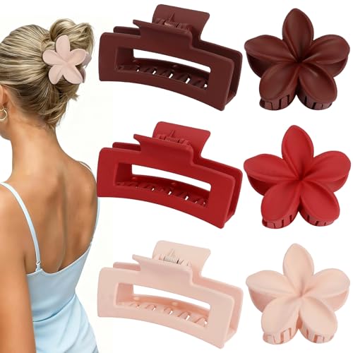 Flower Hair Clips for Women, Square Claw Clips for Girls 6 PCS -Red | 2 Styles Hair Claw Clips for Thick or Thin Hair Hawaiian Hibiscus Rectangle Large Plumeria Medium Hair Accessories for Women - color: Red